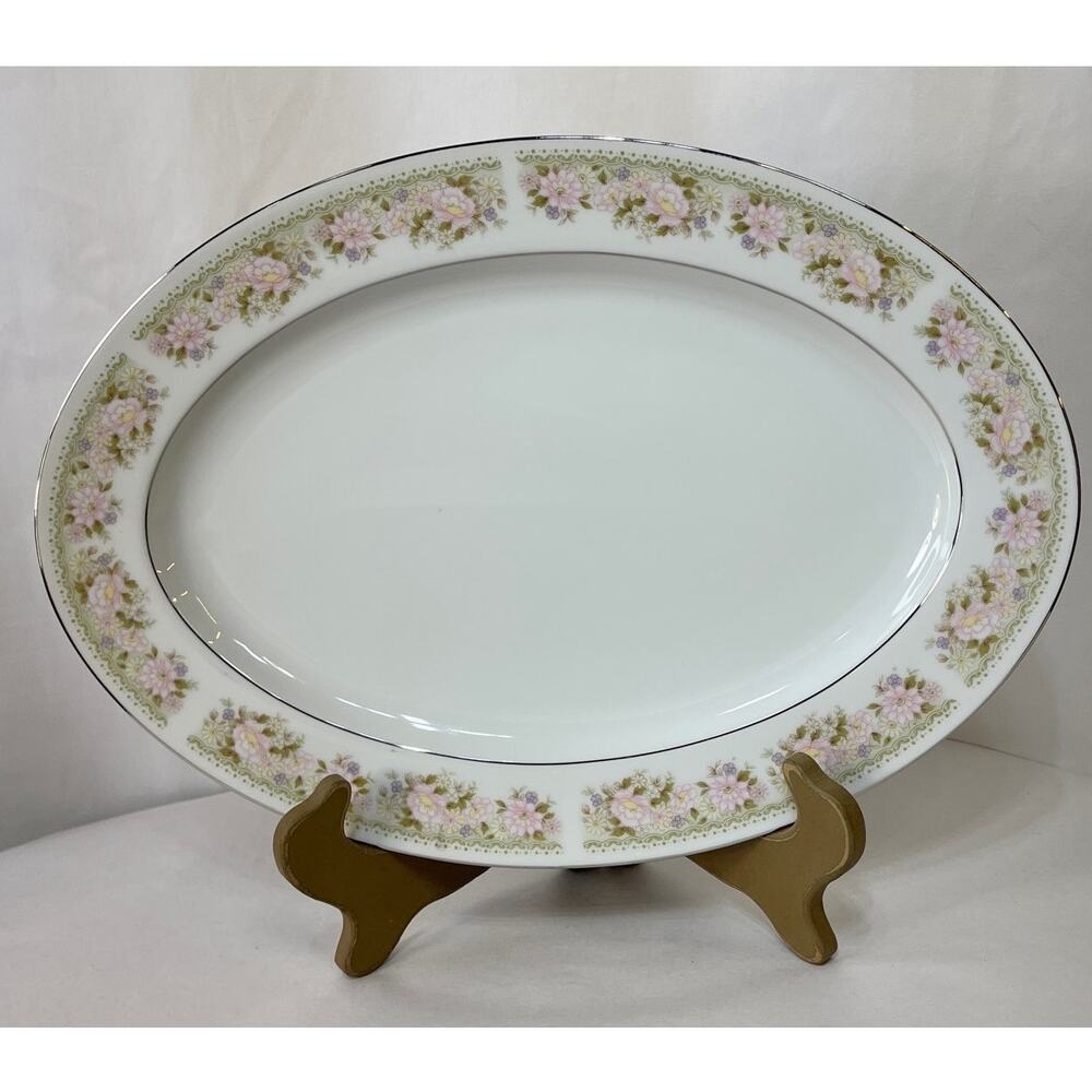 Festival by NITTO Oval Serving Platter 14" Japan Floral Silver Rim China White